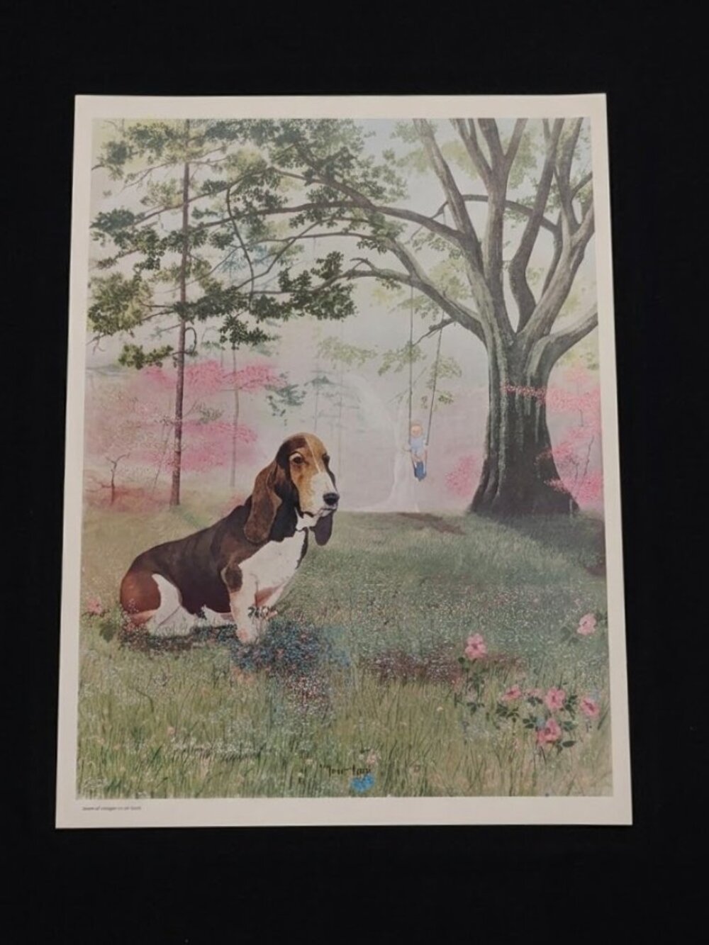 Vintage Joel Carroll Signed Art Print Tender Touch Basset Hound Dog Child Angel